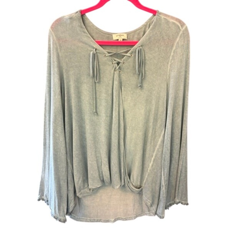 Umgee Top Women Medium Blue Excellent Lace Up Bell Sleeve Mineral Wash A3518